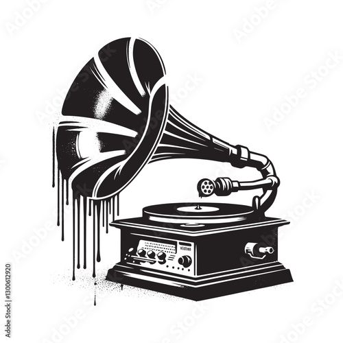 Monochrome vintage gramophone dripping ink, capturing the allure