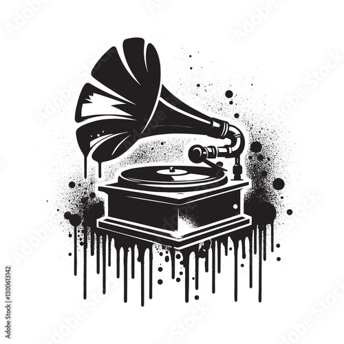Monochrome splash art, Vintage gramophone with modern splatter e