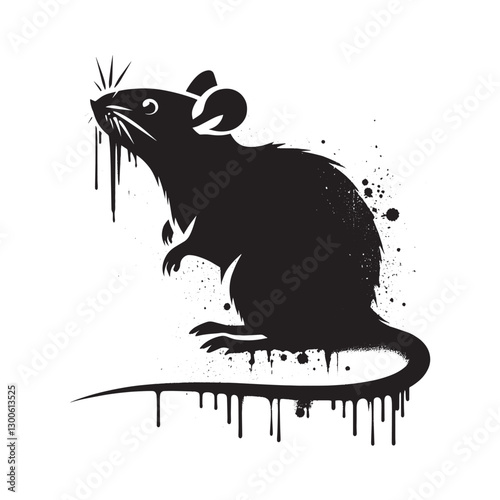 Silhouette of a stylized rat with paint drips on a white backgro