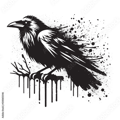 Monochrome depiction of a perched raven with splatter effect des