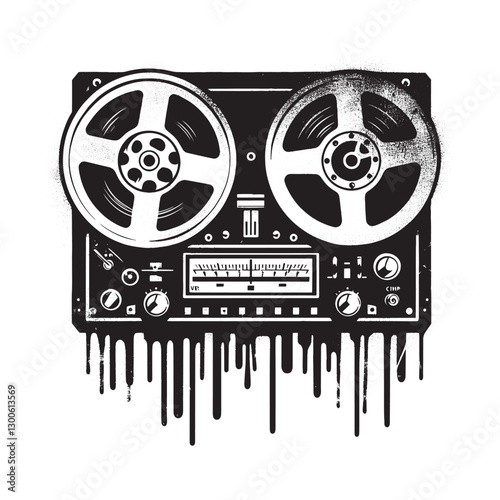 Distorted Reel-to-Reel Tape Recorder with Dripping Ink Aesthetic