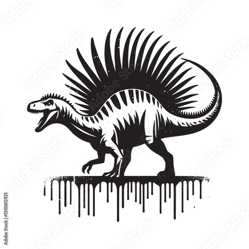 Spinosaurus silhouette in stencil style with spray paint drips a