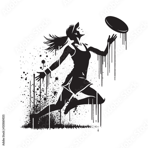 Stencil Art of Female Ultimate Frisbee Athlete with Grunge and S