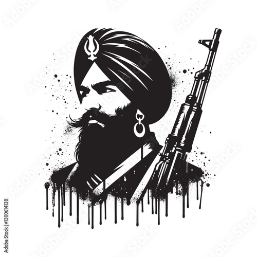 Stencil Sikh Warrior Portrait with Dripping Spray Grunge Aesthet