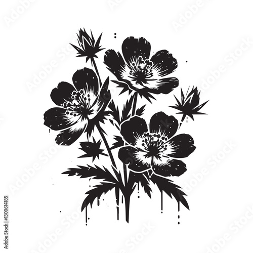 Stylized Royal Cinquefoil Flower Illustration with Stencil and G