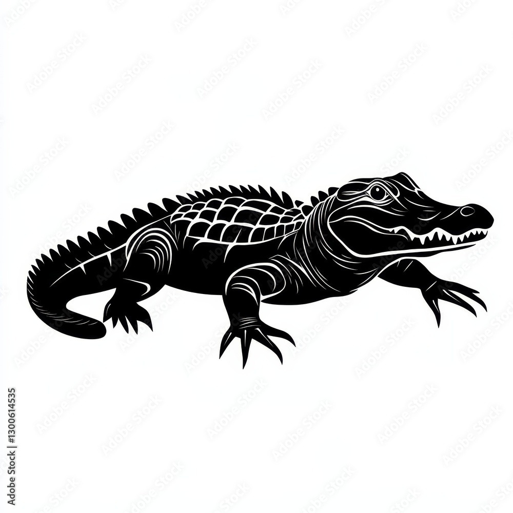 Fototapeta premium Striking Black and White Alligator Illustration: A Vector Design of a Powerful Reptile with Detailed Scales and Teeth