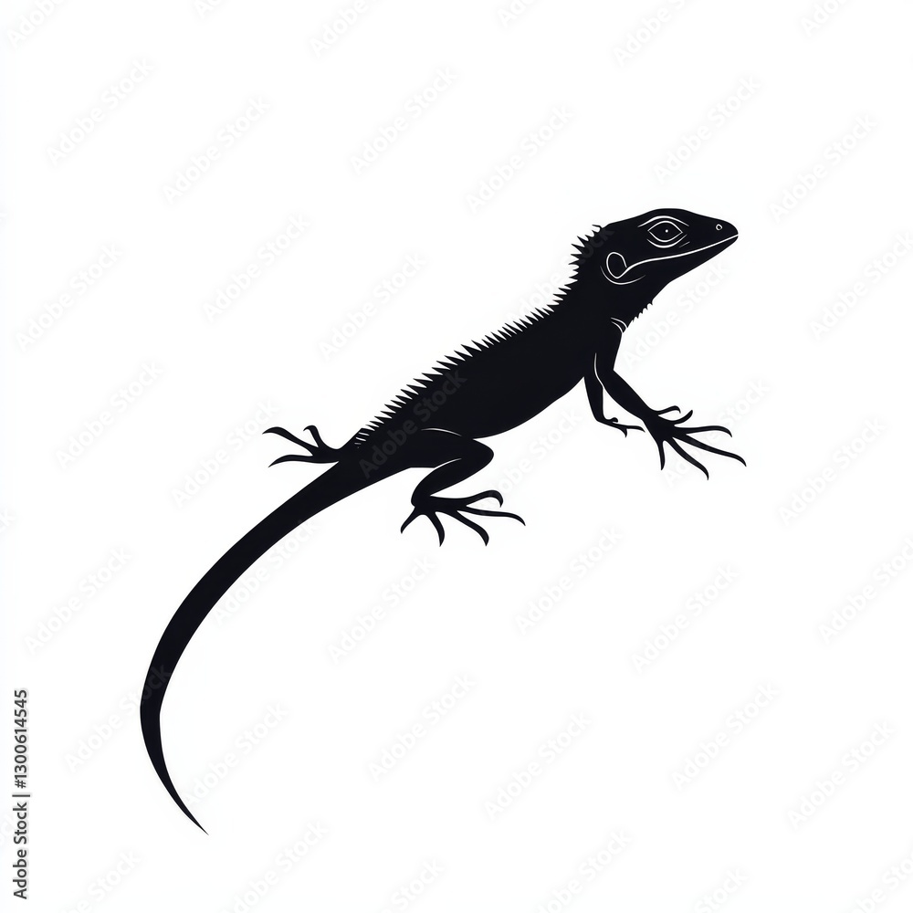 Obraz premium Silhouette of a Spiny Lizard with a Long Tail, Sharp Claws, and Detailed Head on a Clean White Background