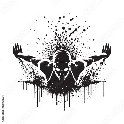 Abstract Black and White Swimmer Silhouette with Splatter Effect