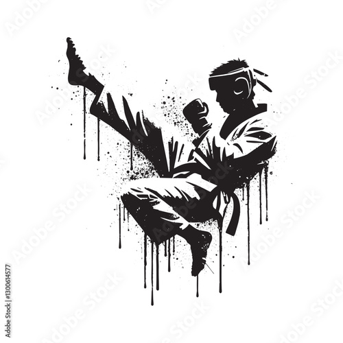 Dynamic Martial Arts Silhouette in Ink Splatter