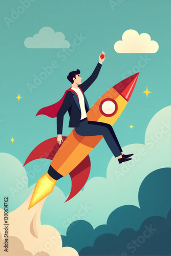 Creative entrepreneur riding a pencil rocket, exploring new ideas and innovations for business improvement