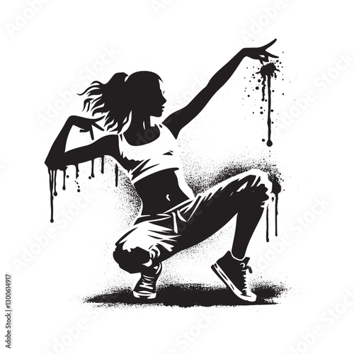 Urban rhythm dancer silhouette in stencil style with dripping sp