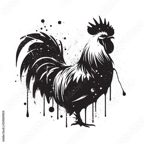Urban rooster, Stencil illustration with grunge and dripping pai