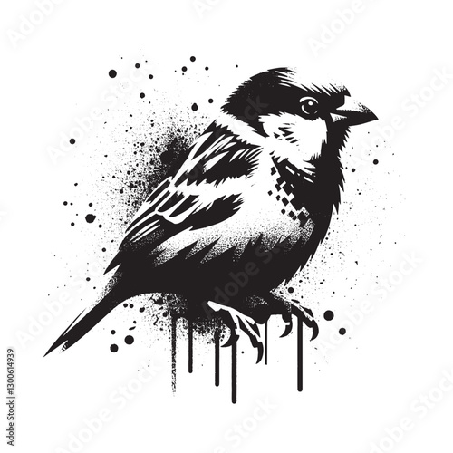 Urban Sparrow, A Stencil Art Bird Illustration with Grunge Textu