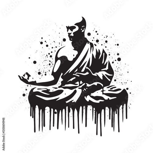 Urban Zen, Shaolin Monk in Grunge Stencil with Dripping Spray Pa