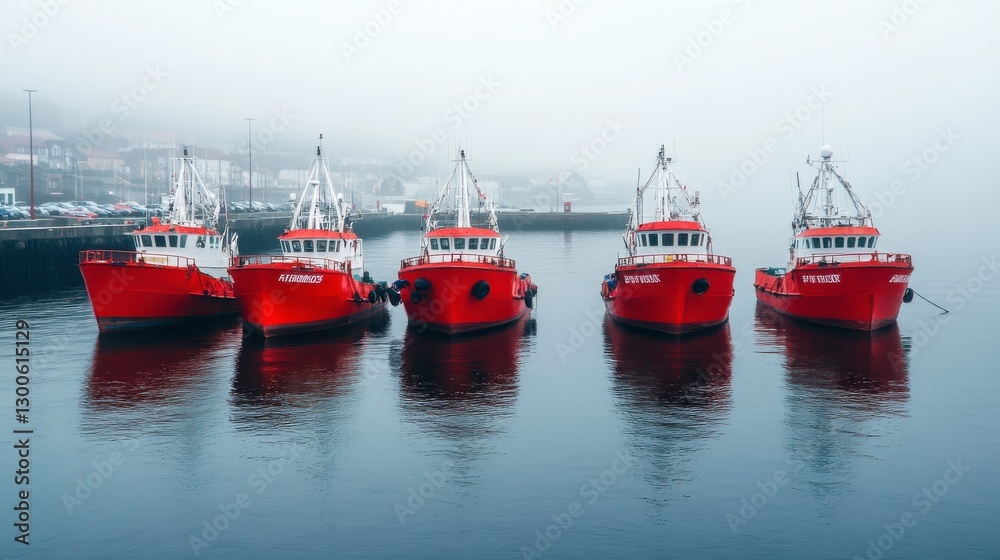 Red Fishing Vessels in Foggy Harbor at Dawn Red Fishing Vessels in Foggy Harbor at Dawn