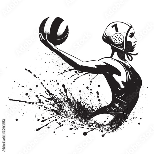 Dynamic Water Polo Player Silhouette in Artistic Monochrome Spla