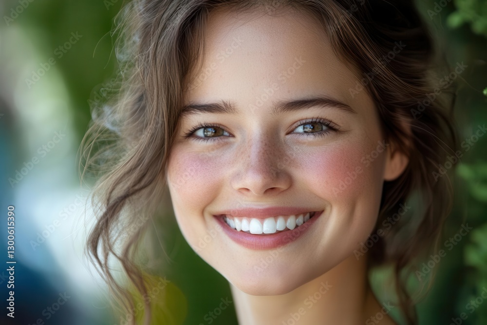 a radiant young woman with a genuine warm smile soft natural lighting closeup portrait glowing skin perfect white teeth subtle makeup bokeh background a radiant young woman with a genuine warm smile soft natural lighting closeup portrait glowing skin perfect white teeth subtle makeup bokeh background