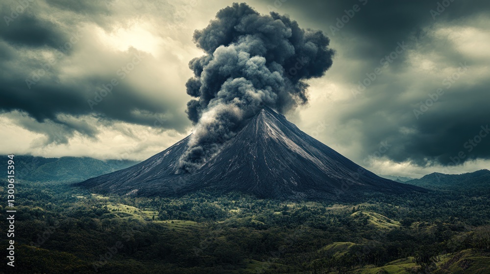 Obraz premium Dramatic eruption scene, Volcano unleashing smoke amidst green landscape