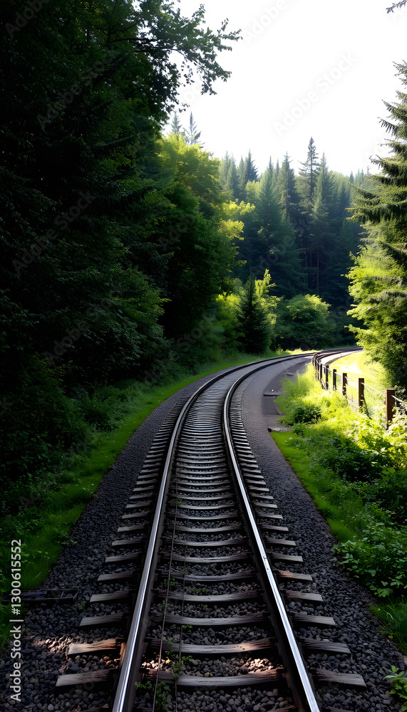 Obraz premium Railroad tracks winding through a green forest. with white shades