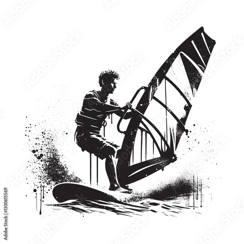 Windsurfing silhouette art with gritty textures and dynamic spra