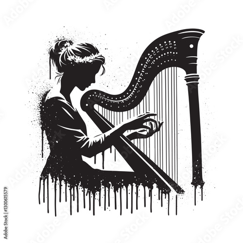 Monochrome rendition of a woman playing the harp in a stylish an