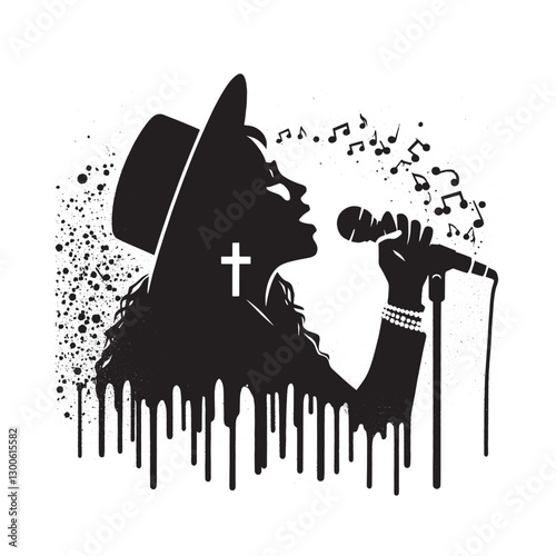 Silhouette of a Singer with Dripping Paint and Music Notes