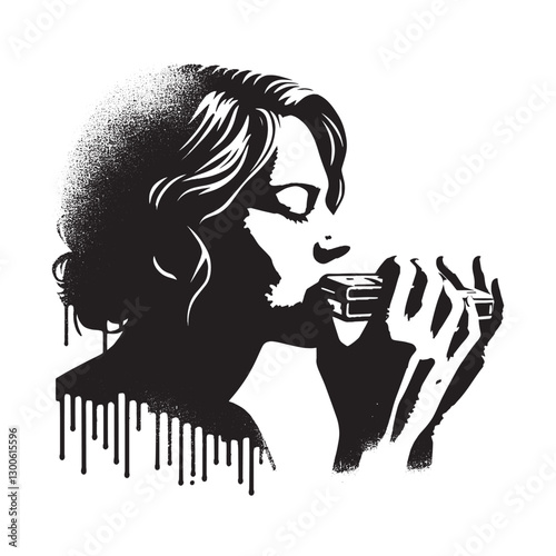 Monochrome woman illustration playing harmonica with musical exp