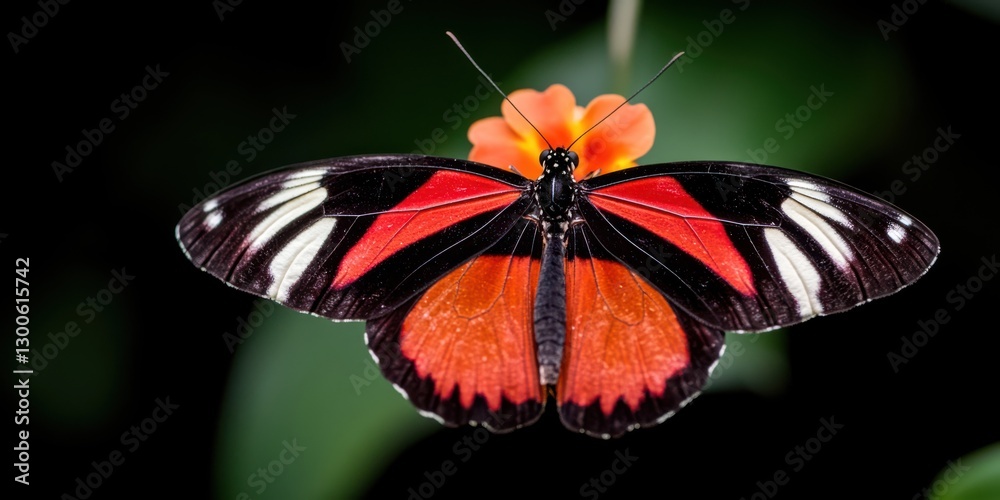 A vibrant butterfly gracefully perches on a bright orange flower, showcasing nature's vivid beauty. A vibrant butterfly gracefully perches on a bright orange flower, showcasing nature's vivid beauty.