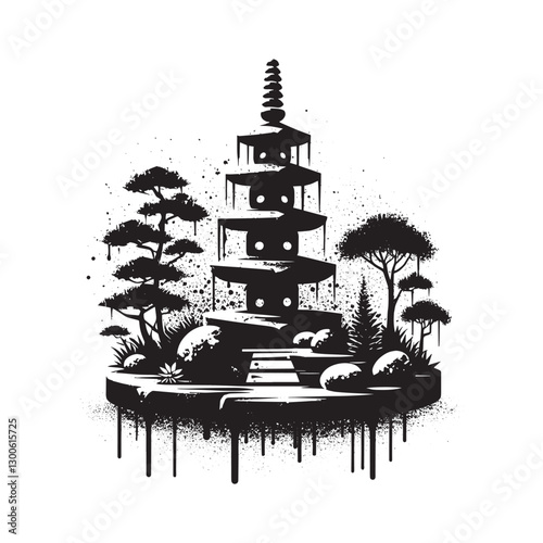 Monochrome oriental pagoda silhouette with artistic splatter tex