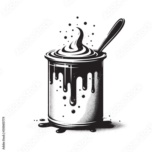 Monochrome Paint Container with Dripping Liquids and Spoon Graph