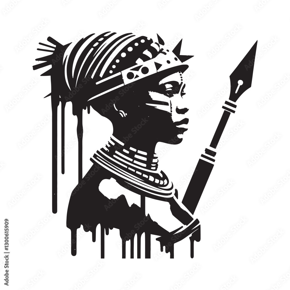 Zulu female warrior in stencil art with dripping spray and grung