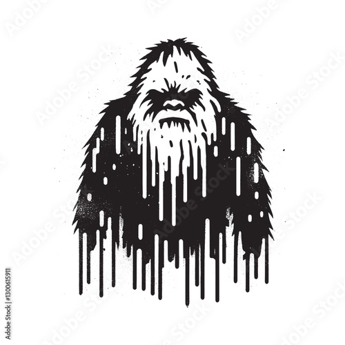Monochrome Graphic Illustration of Bigfoot with Dripping Paint E