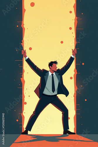 Determined businessman breaking through a barrier, overcoming limitations and achieving freedom