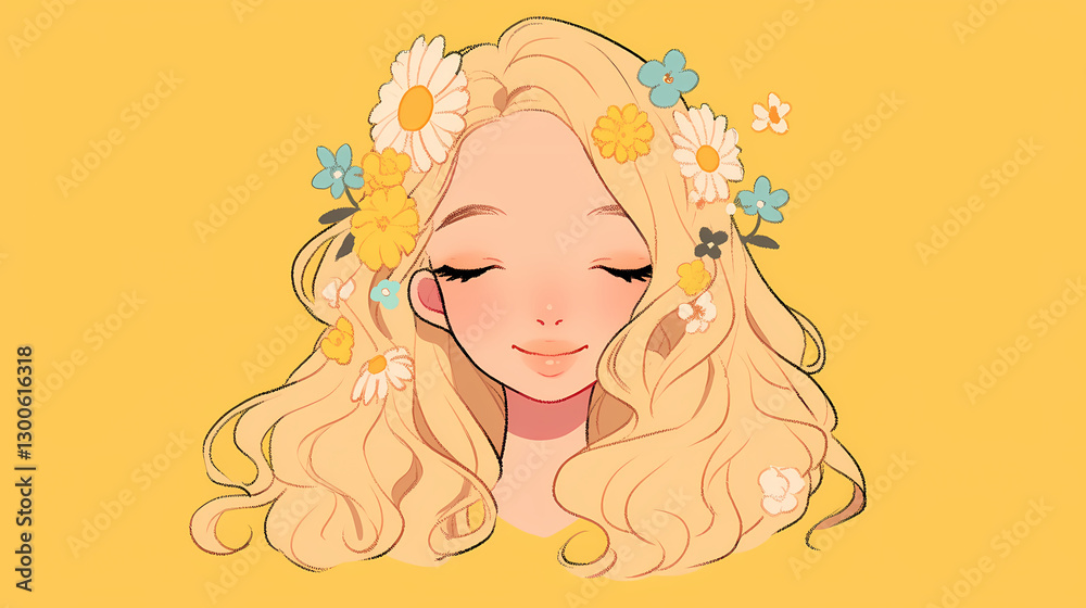 A serene illustration of a young woman with flowing blonde hair adorned with colorful flowers against a bright yellow background, conveying a sense of peace and beauty A serene illustration of a young woman with flowing blonde hair adorned with colorful flowers against a bright yellow background, conveying a sense of peace and beauty