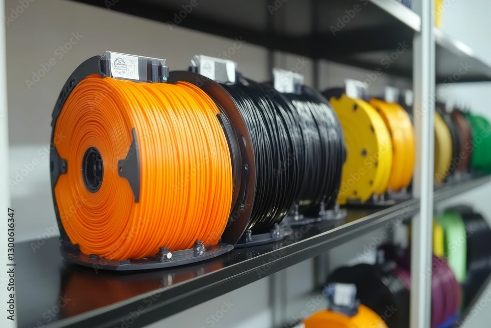 Obraz premium Colorful spools of filament arranged on a shelf for 3D