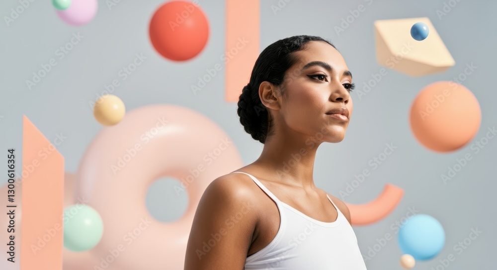 Young hispanic female with geometric abstract shapes in minimalistic art background Young hispanic female with geometric abstract shapes in minimalistic art background