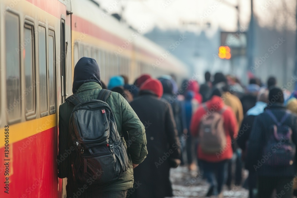 Fototapeta premium People board train at busy station on a winter day.