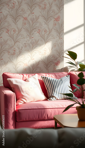 Pillows on pink sofa against wallpaper in living room interior with table and plant. Real photo, Backlit. with white shades
