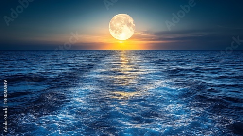 Ocean Sunset with Large Full Moon Rising Above Waves