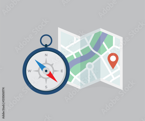 Vector navigation compass and map icon stock illustration.