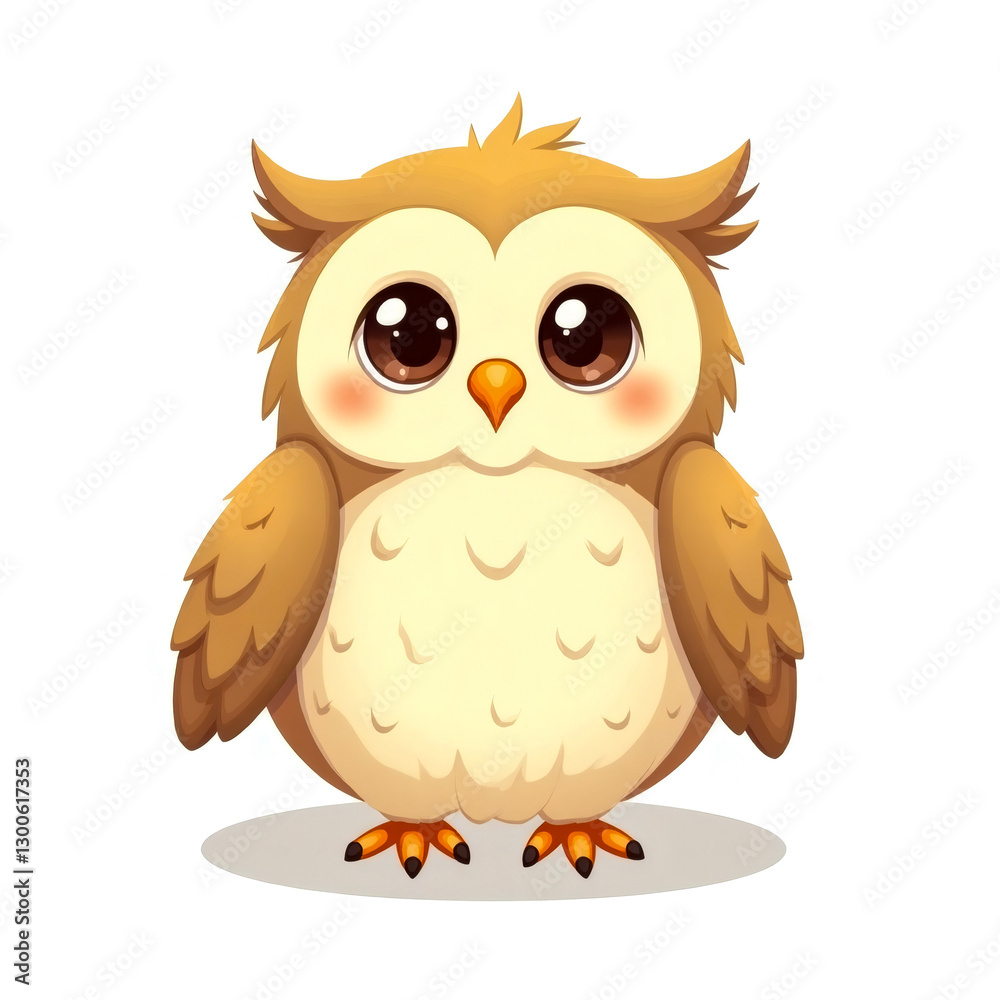 Fototapeta premium Cute cartoon owl with big eyes standing on a plain background. Generative AI