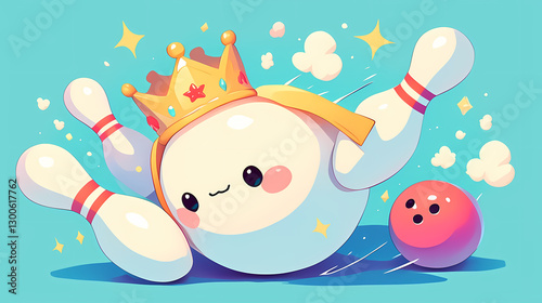 Playful cartoon bowling pin wearing a crown, rolling towards a colorful bowling ball in a vibrant setting