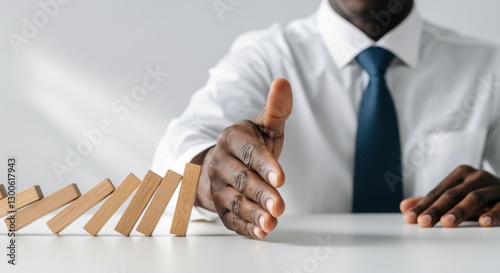 African male adult in business suit preventing falling domino effect