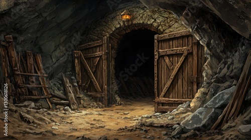 Wallpaper Mural Mysterious mine entrance illuminated by lantern light deep in cavern Torontodigital.ca