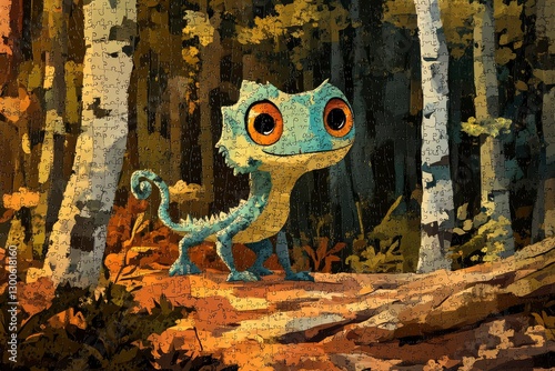 cartoon gecko character walking in the forrest, adventuretime cartoon artsty made entirely of puzzle pieces movingt photo