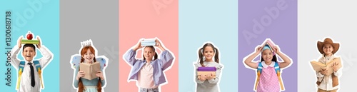 Set of many children with books on color background