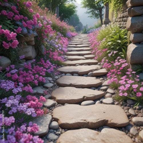 Pink and purple flowers cascading down a stone pathway,  nature scenery,  garden pathways