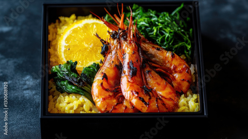 A high-end chef's take on a modern bento box meal, showcasing perfectly grilled shrimp with a light citrus glaze, arranged next to a bed of saffron-infused rice and crisp sautÃ©ed greens