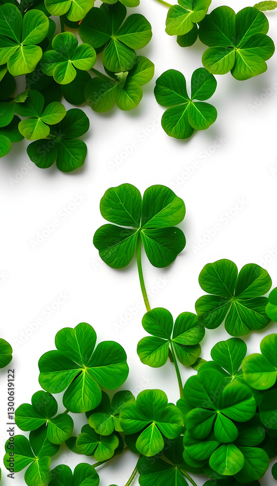 Green clover leaf isolated on white background. with three-leaved shamrocks. St. Patrick's day holiday symbol, hyperrealism. with white shades Green clover leaf isolated on white background. with three-leaved shamrocks. St. Patrick's day holiday symbol, hyperrealism. with white shades