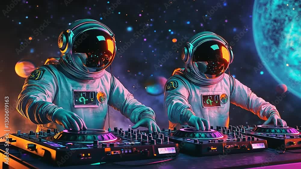 Two astronauts DJing in a vibrant cosmic setting with planets and colorful nebulae in the background
